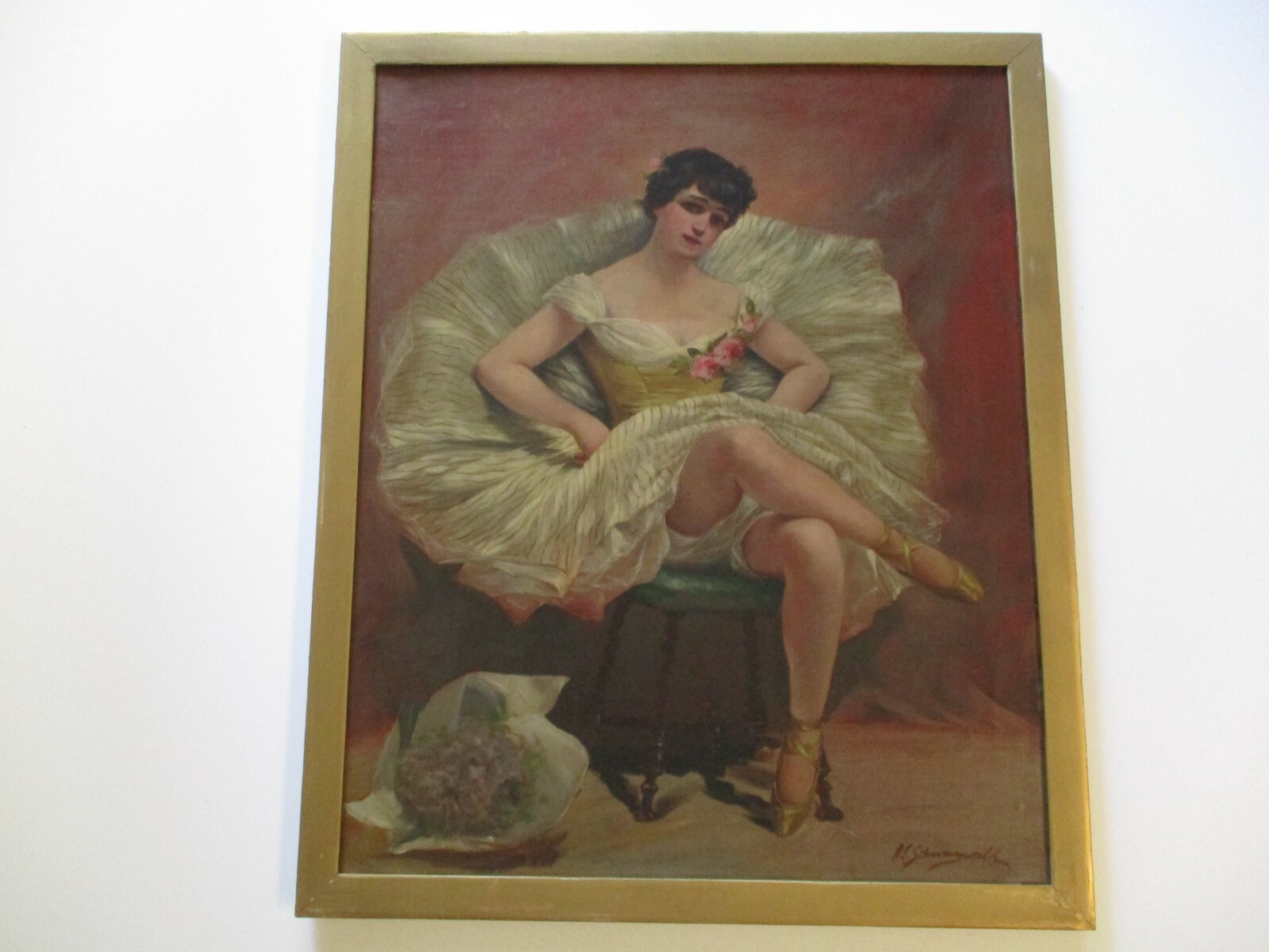 ANTIQUE ART DECO OIL PAINTING PRETTY WOMAN FEMALE MODEL DANCER BALLERINA 1910