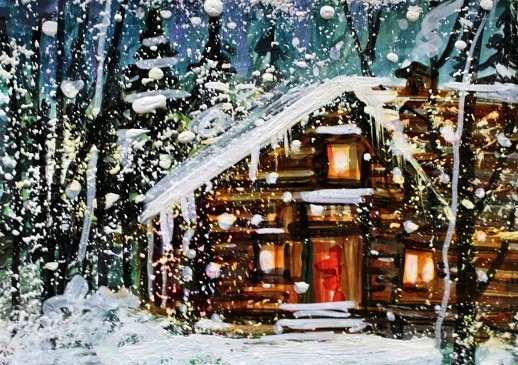 ACEO Original Winter CABIN Pine Tree PAINTING Snow Holiday XMAS Landscape ART