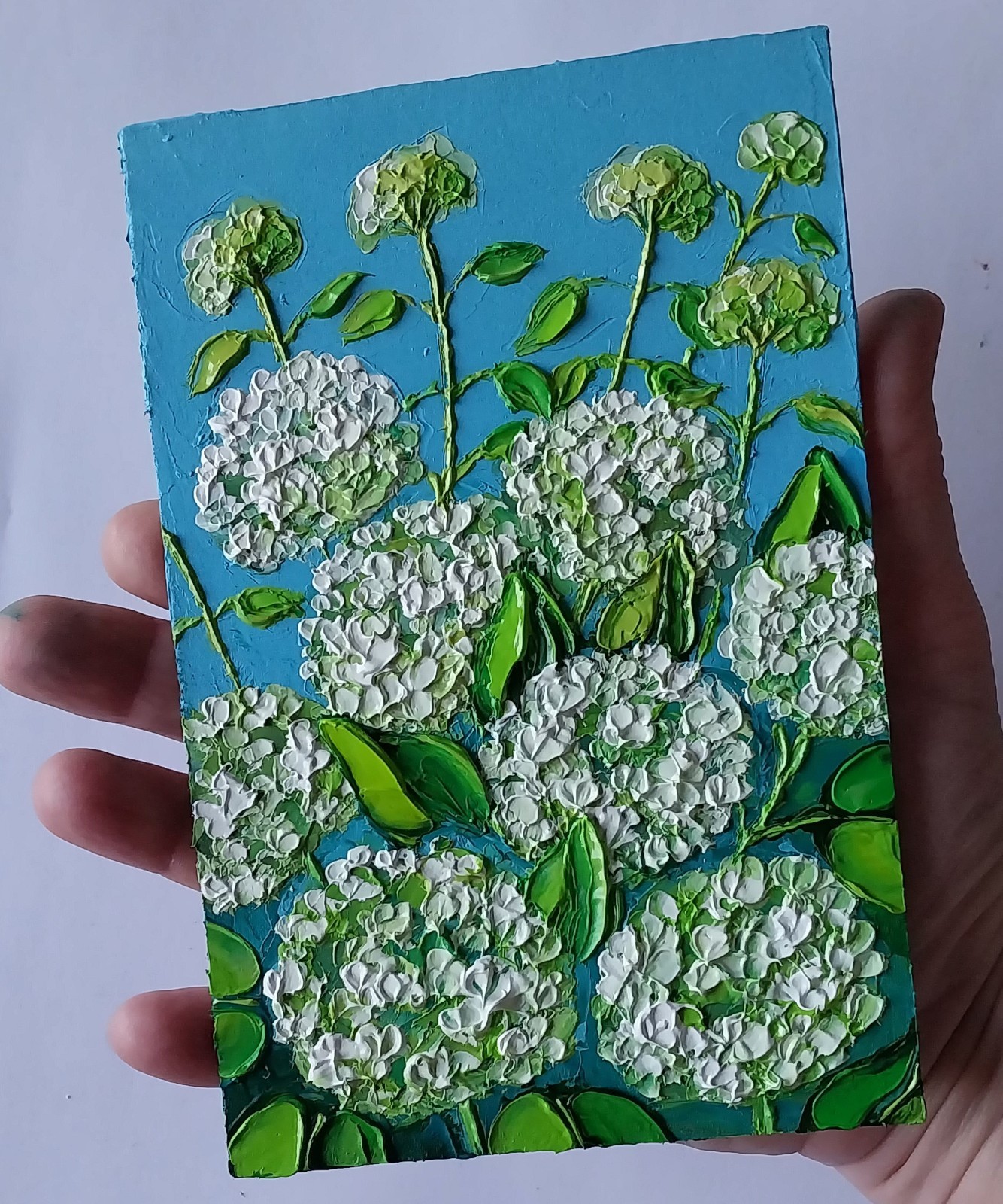 Framed White Hydrangea Blossoms Flowers Art 4×6” Impasto Oil Painting Original