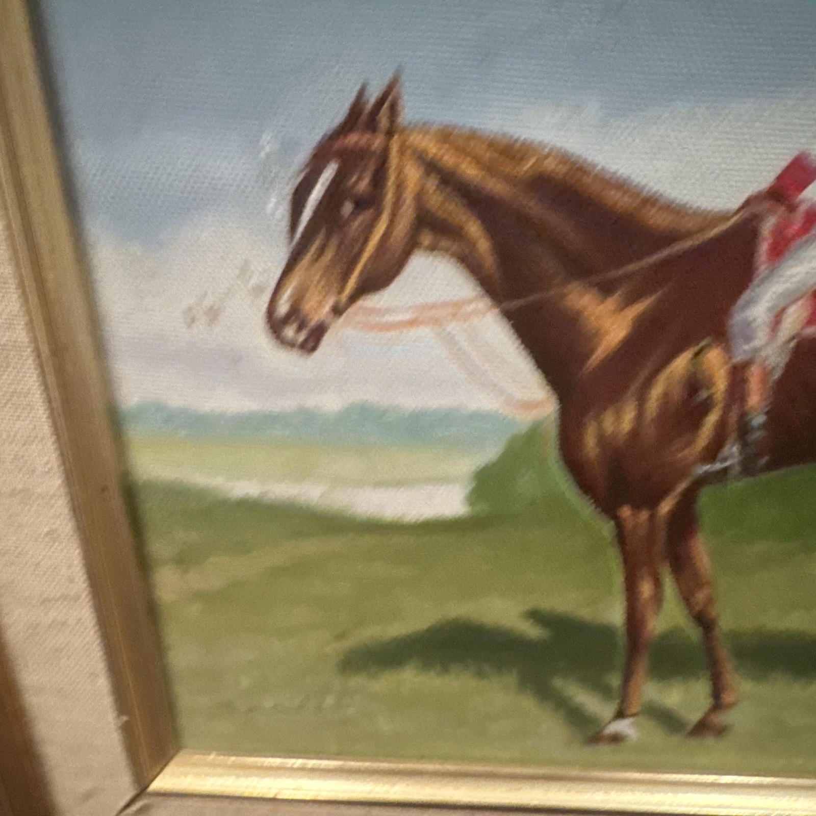 Framed Realism Horse & Jockey Landscape Painting, Single Piece