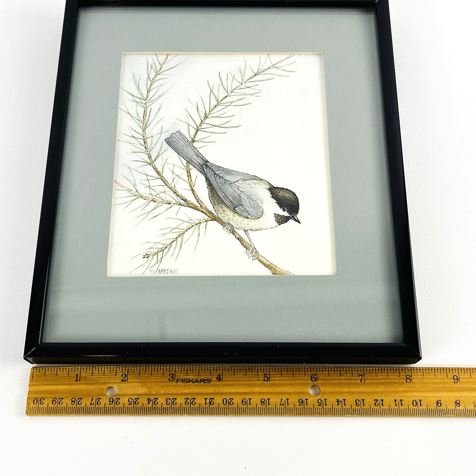 Black-Capped Chickadee Framed Green Mat Artist Signed Kate Davis 93 Gallery Wall