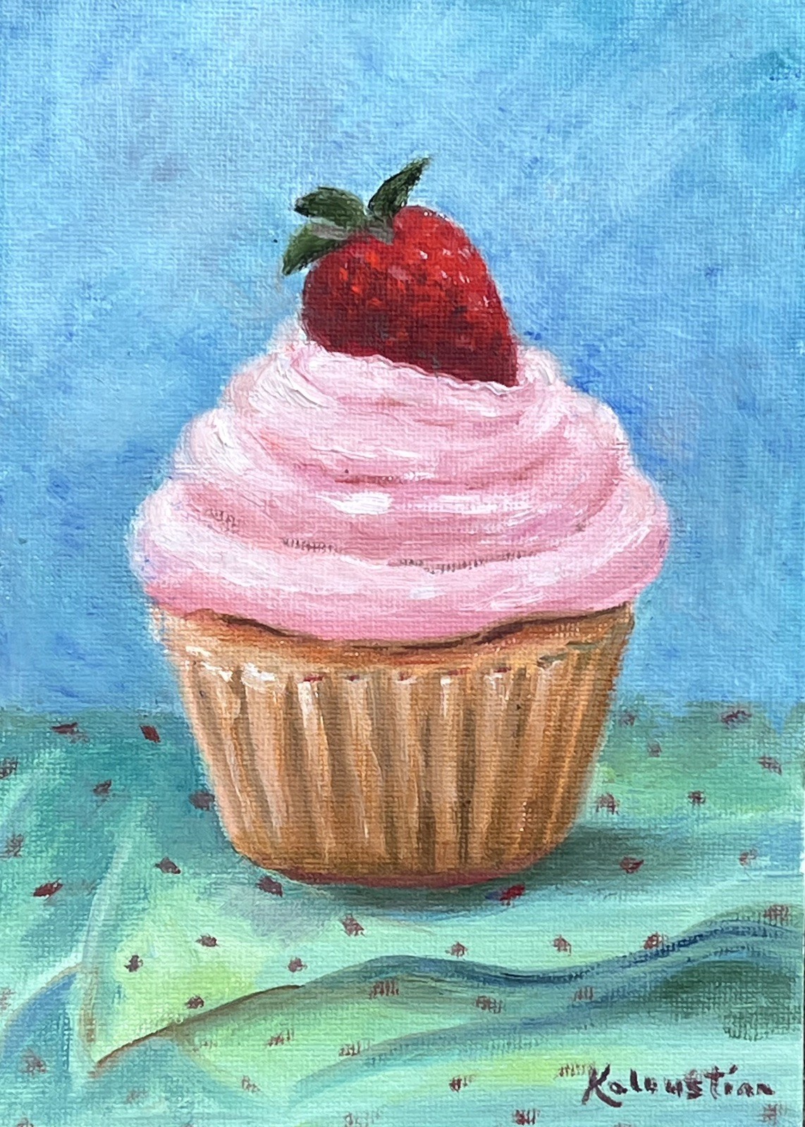 Cupcake Strawberry Food Gift Original Oil Painting Kaloustian Art
