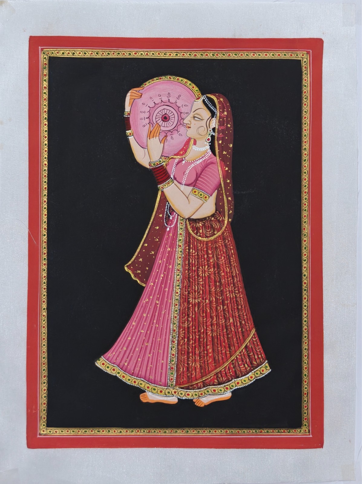 Handmade Indian Miniature Silk Painting Rajasthani Woman Playing Hand Drum 9×12″