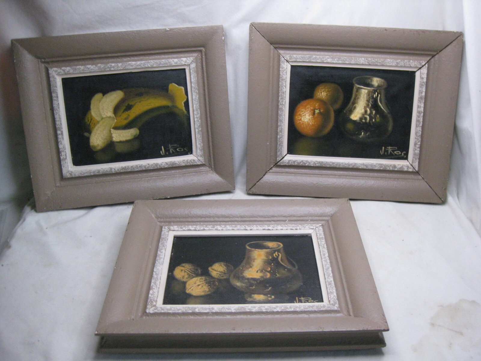 3 small framed signed J. ROS paintings vintage painting still life art decor lot