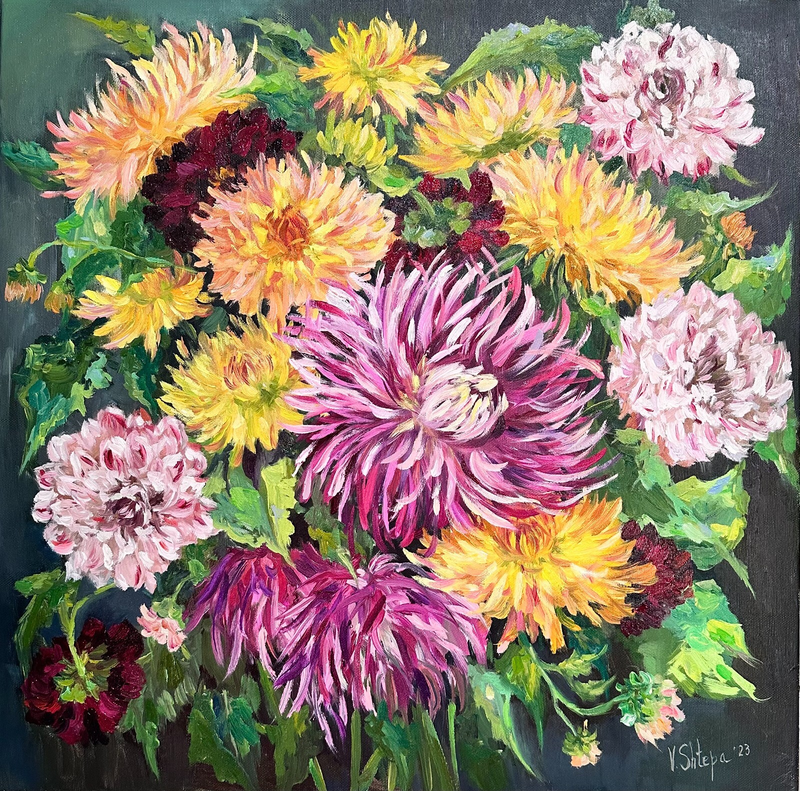 Dahlias Chrysanthemums Original Oil Painting Art Wildflowers Flower Signed 20×20