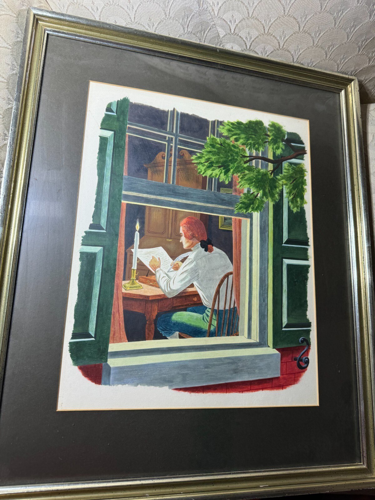 «A Colonial Scene Of A Man Writing Indoors» Gouache Painting – Framed