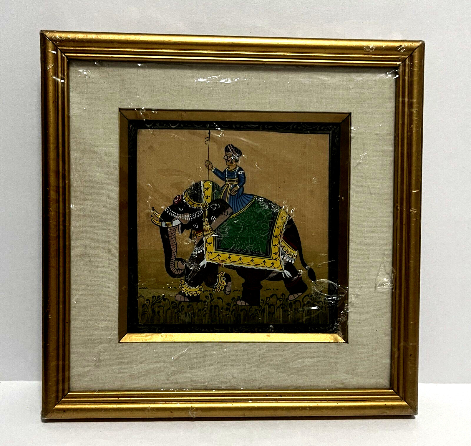 INDIAN Miniature Hand Painting on SILK Decorated Elephant + Rider Gold Frame