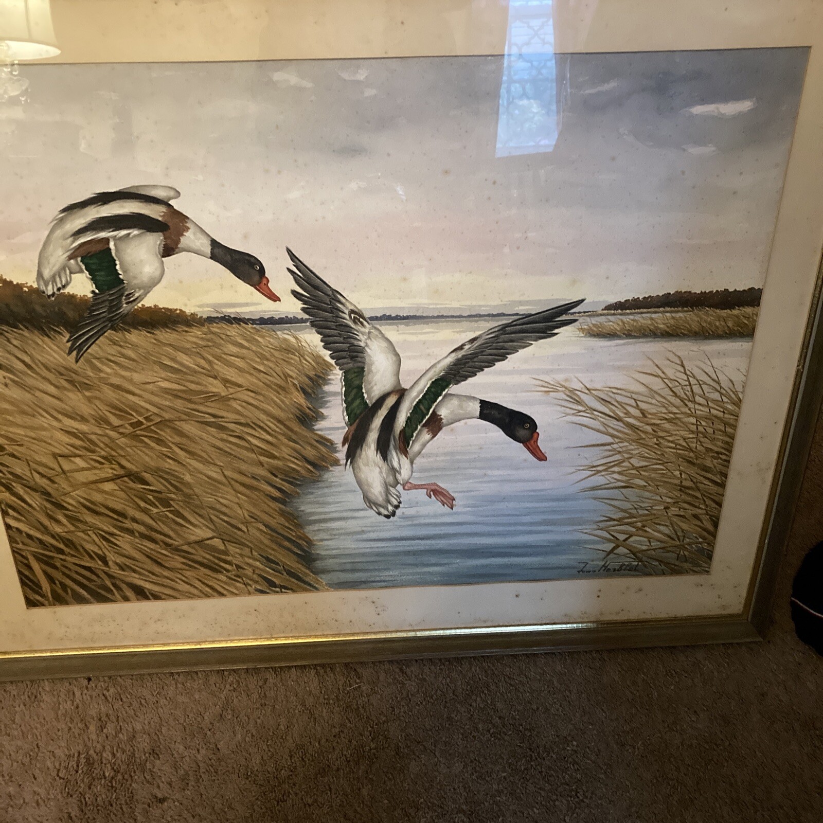 Jean Herblet Watercolor Painting Mallard Ducks, Signed Framed
