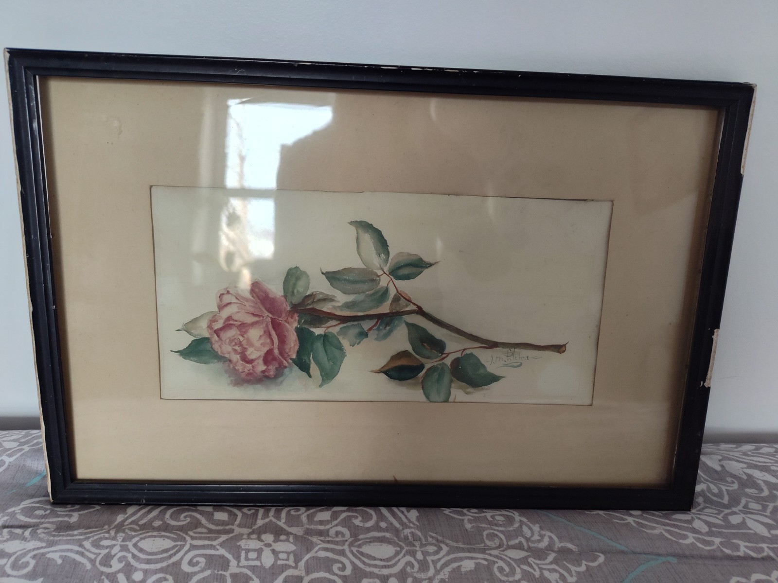 Shabby Chic Vintage Pink Rose Floral Still Life Watercolor Painting Signed
