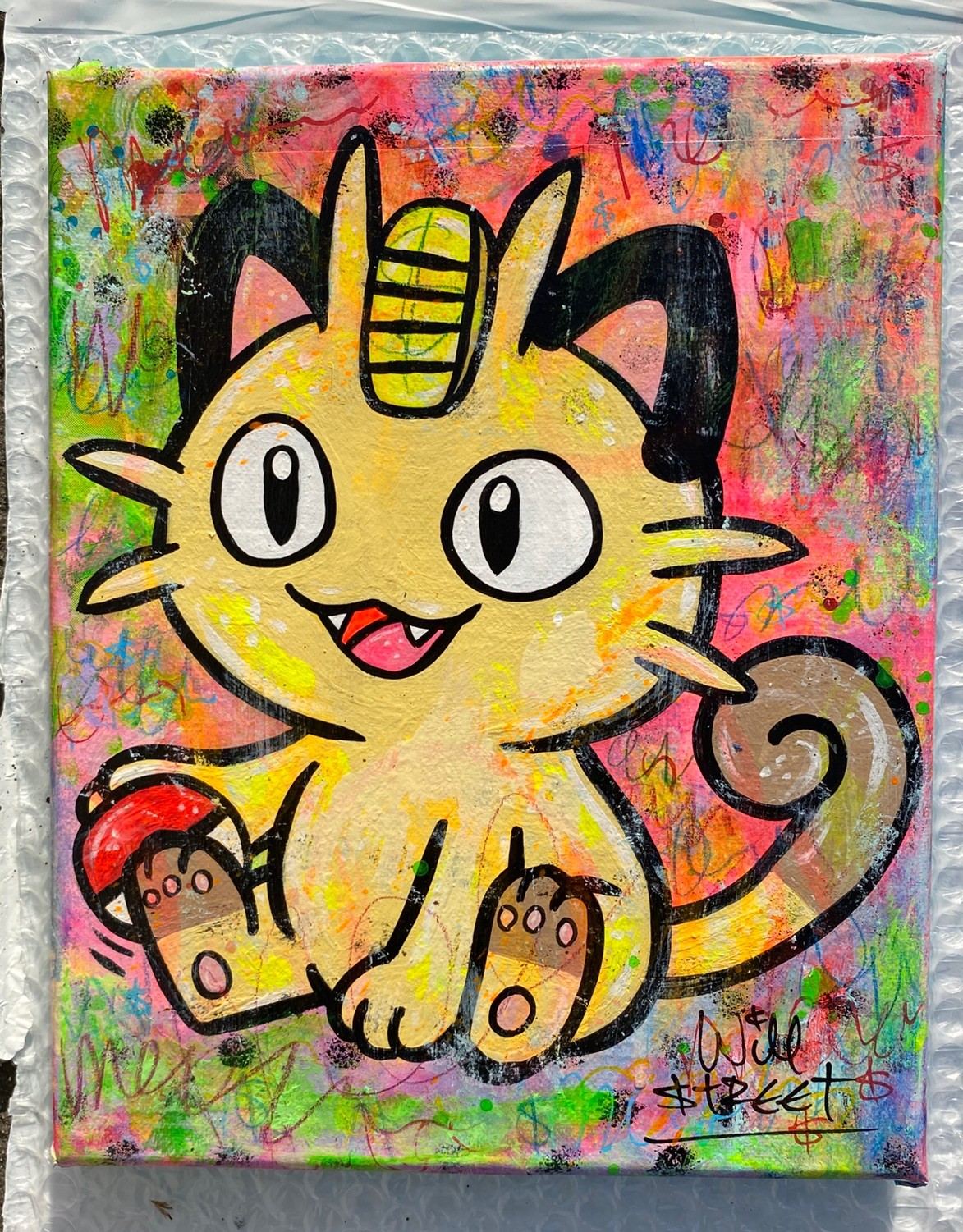 WILL STREET original 10×8 canvas painting/ Pokémon art meowth banksy pikachu