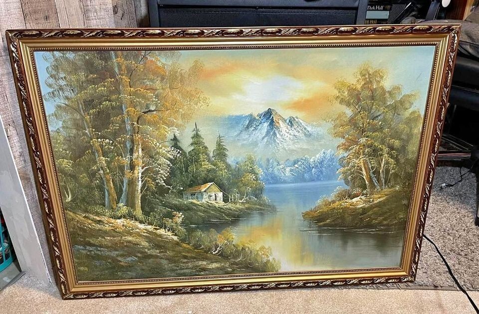 Vintage Acrylic Painting House In The Mountains 39” X 26 1/2”