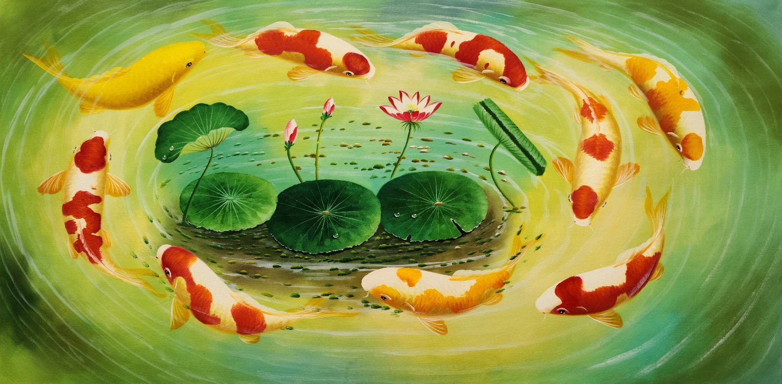 Fishes in the Pond, #BJF3 – 24×48,100% Hand Painted Oil Painting on Canvas