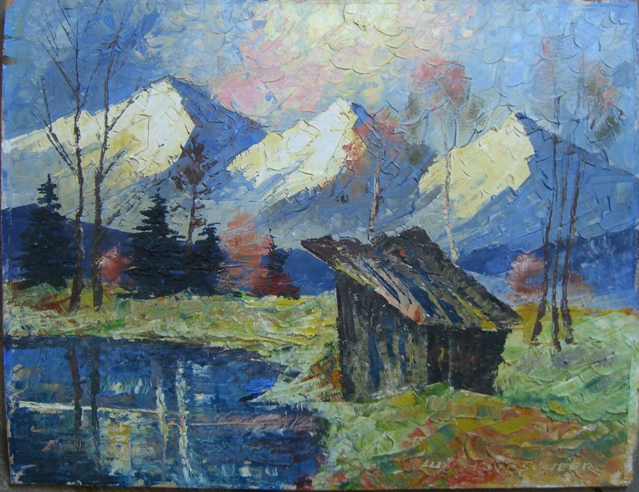 Luis Hendschler Alpine Lake Hut Evening Moonlight Meadow Autumn Antique Signed