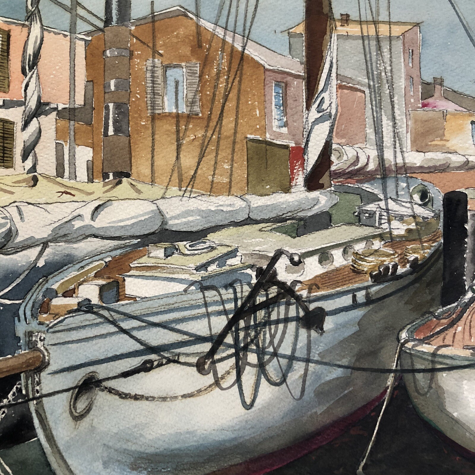 Schneider Signed Custom Framed Art Watercolor Docked Sailboats Ripple in Water