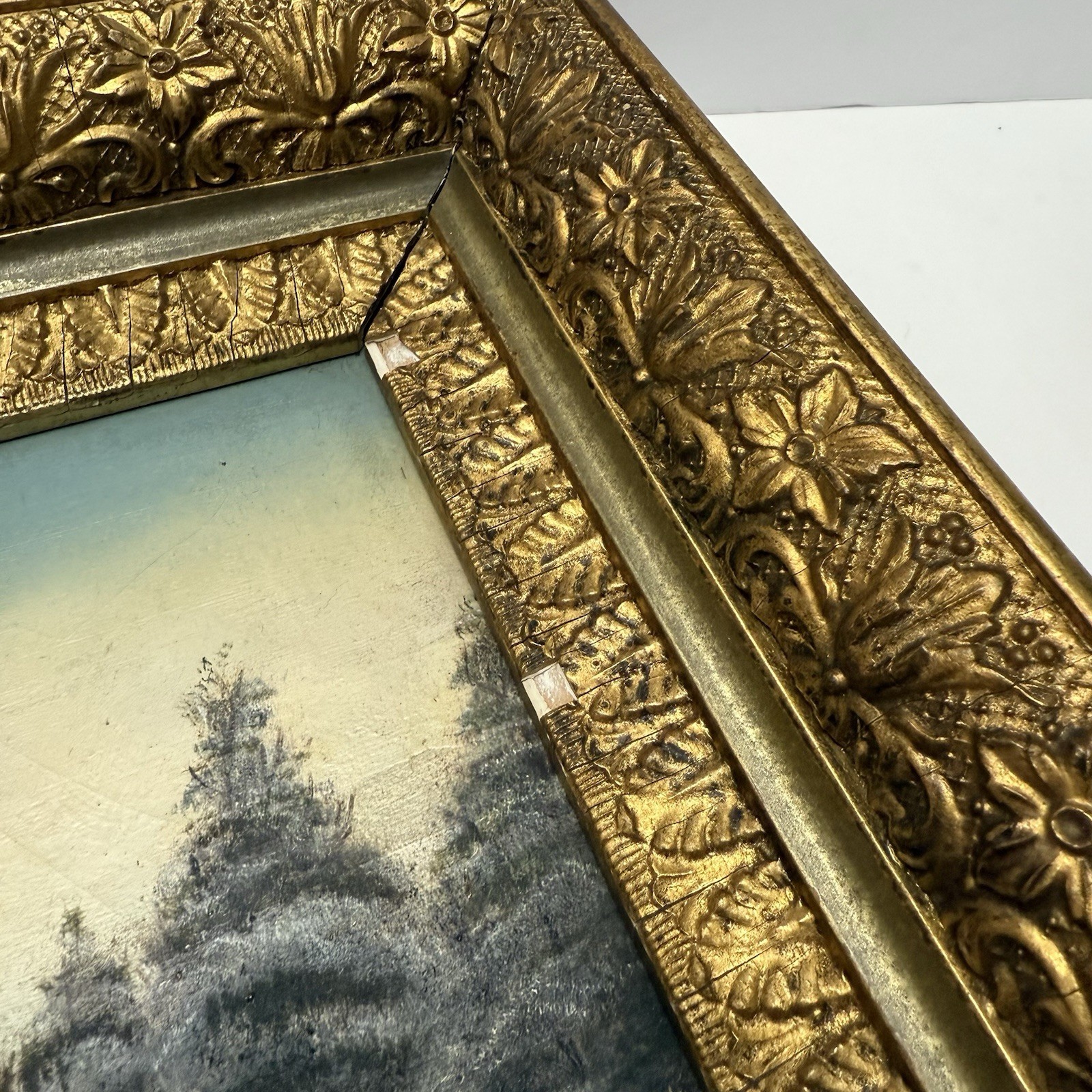 Vintage Original Winter Scene Landscape Red Cabin Painting Framed 8×10 in.