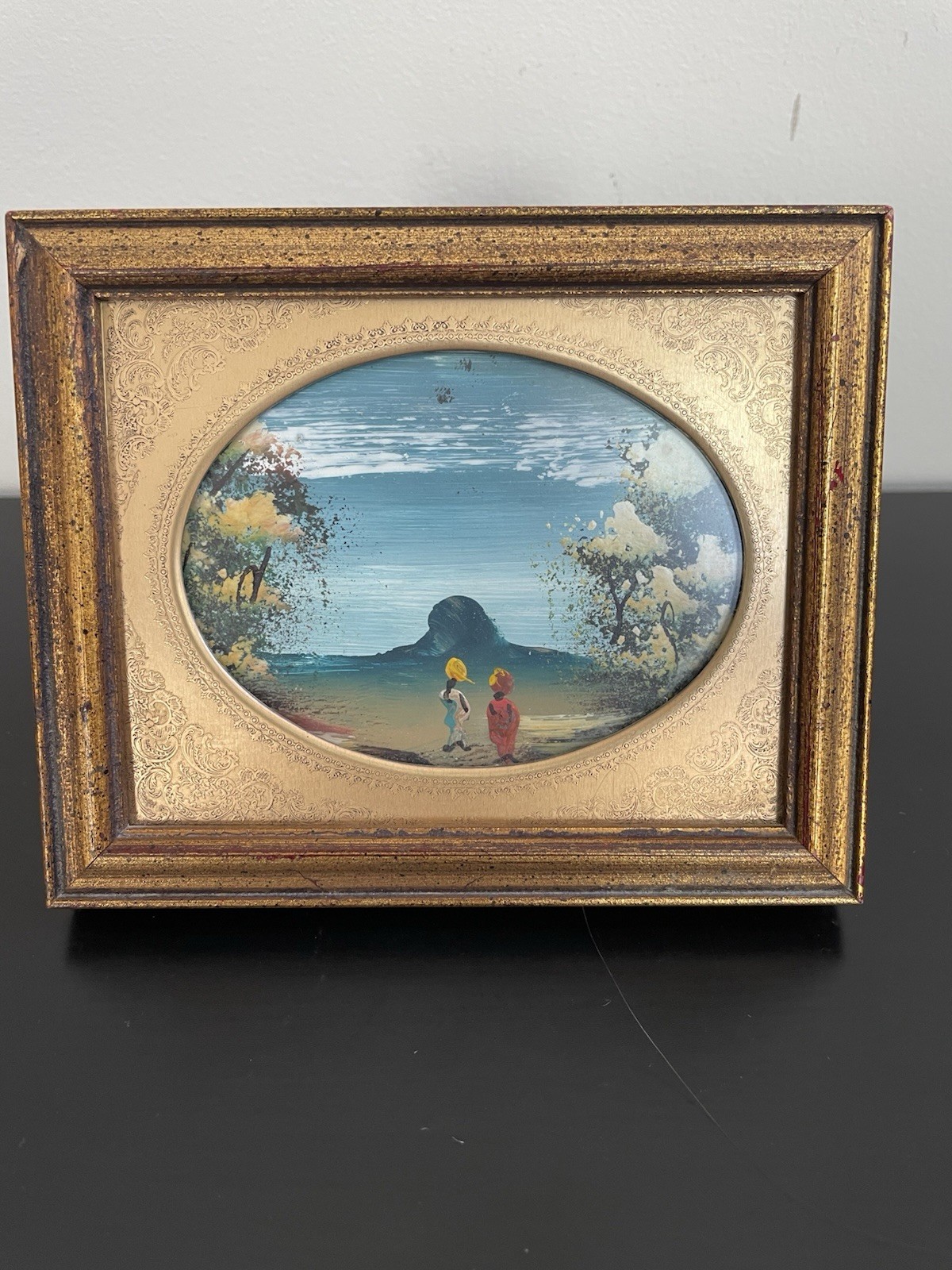 VTG Miniature Hand Painted Landscape 5”x6”in Golden Wood Frame