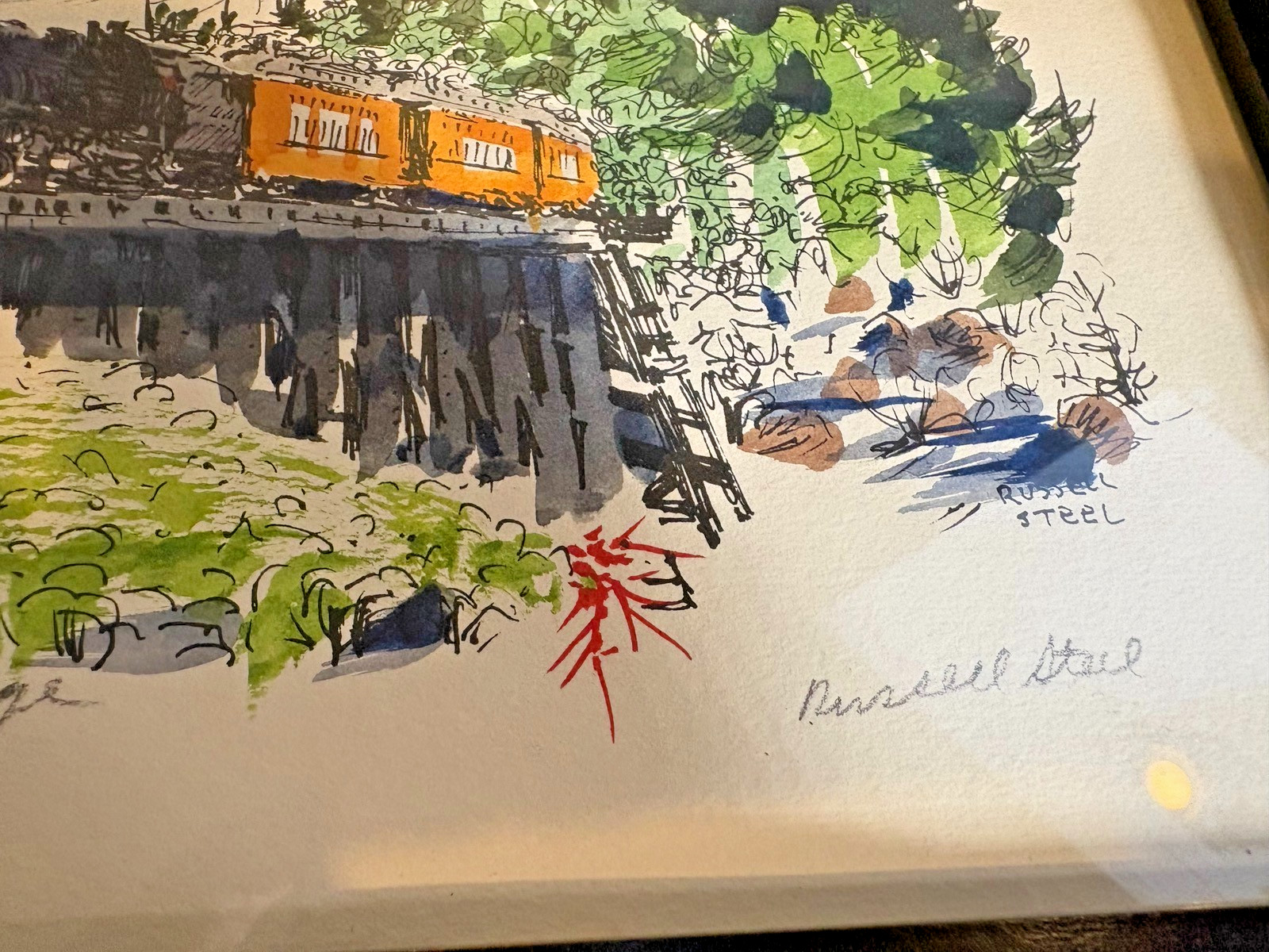 Original Watercolor Ink Painting SIGNED Russell Steel Train Railroad Narrow Gaug