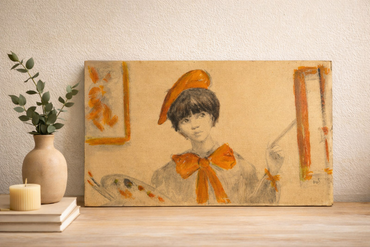 Vintage Boho Portrait Painting Signed Alex Mid Century Style Original Art
