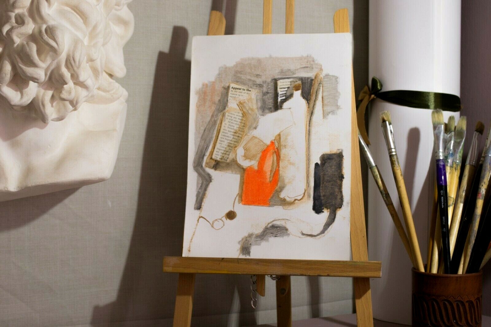 News and coffee Abstract artwork oil pastel mixed media on paper by E. Lozovoy