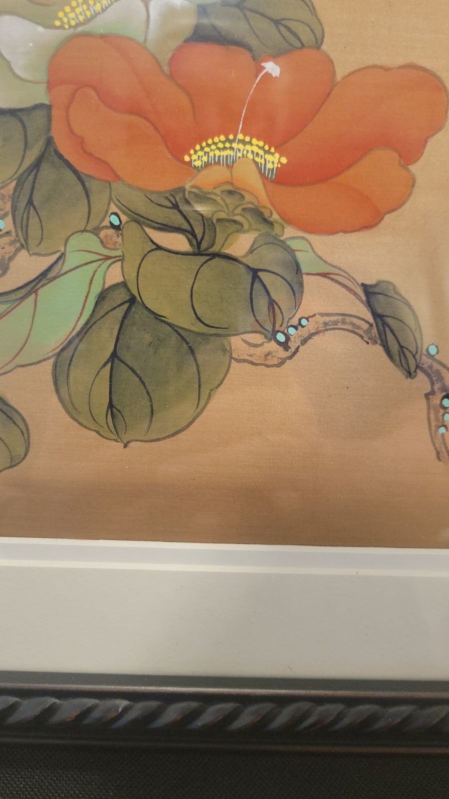 Oriental Painting On Silk Orange & Red Blossoms Asian Watercolor Stamped 16″x14″