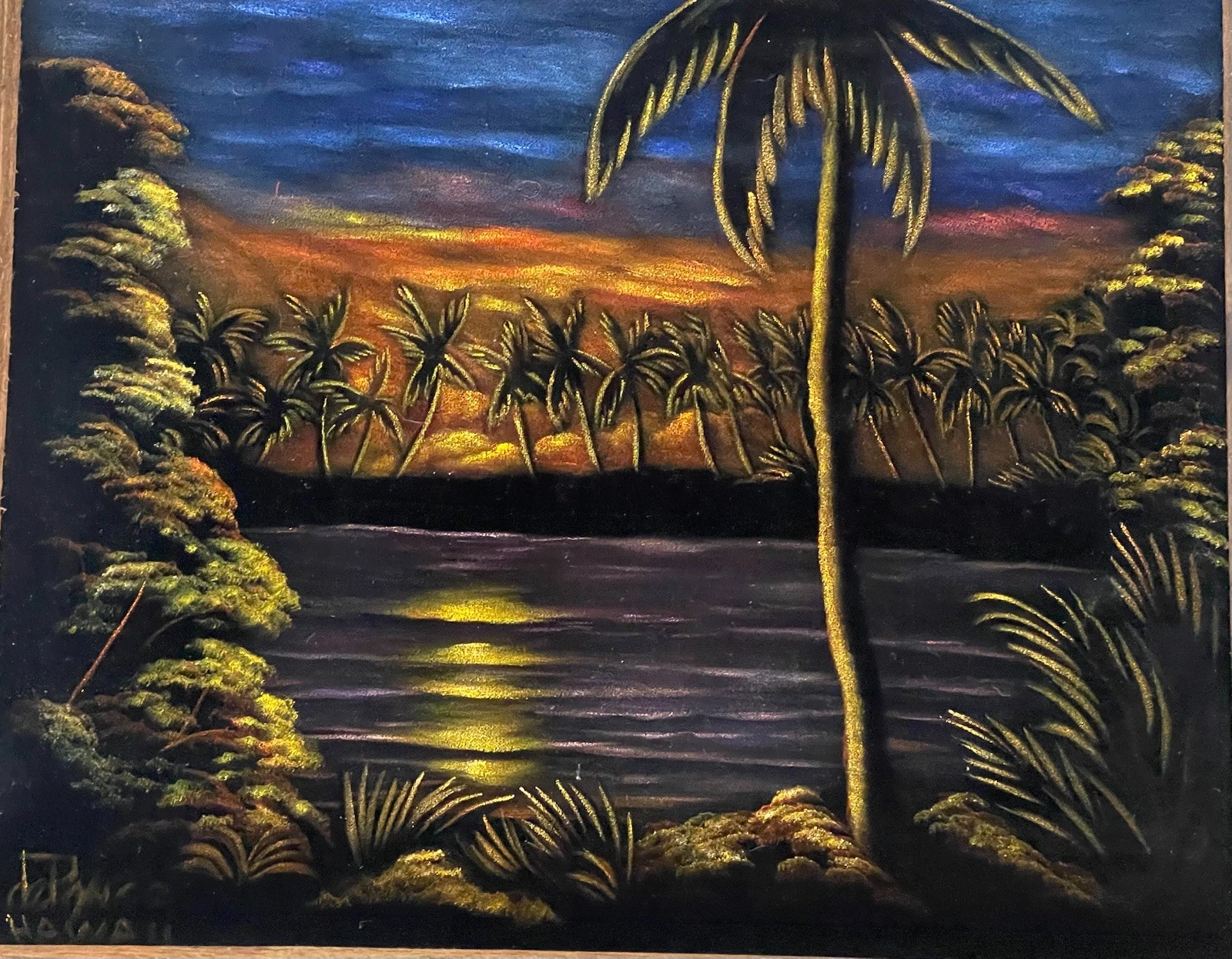 Vintage Hawaii Original Acrylic John De Ponce Hawaiian Sunset Framed Painting
