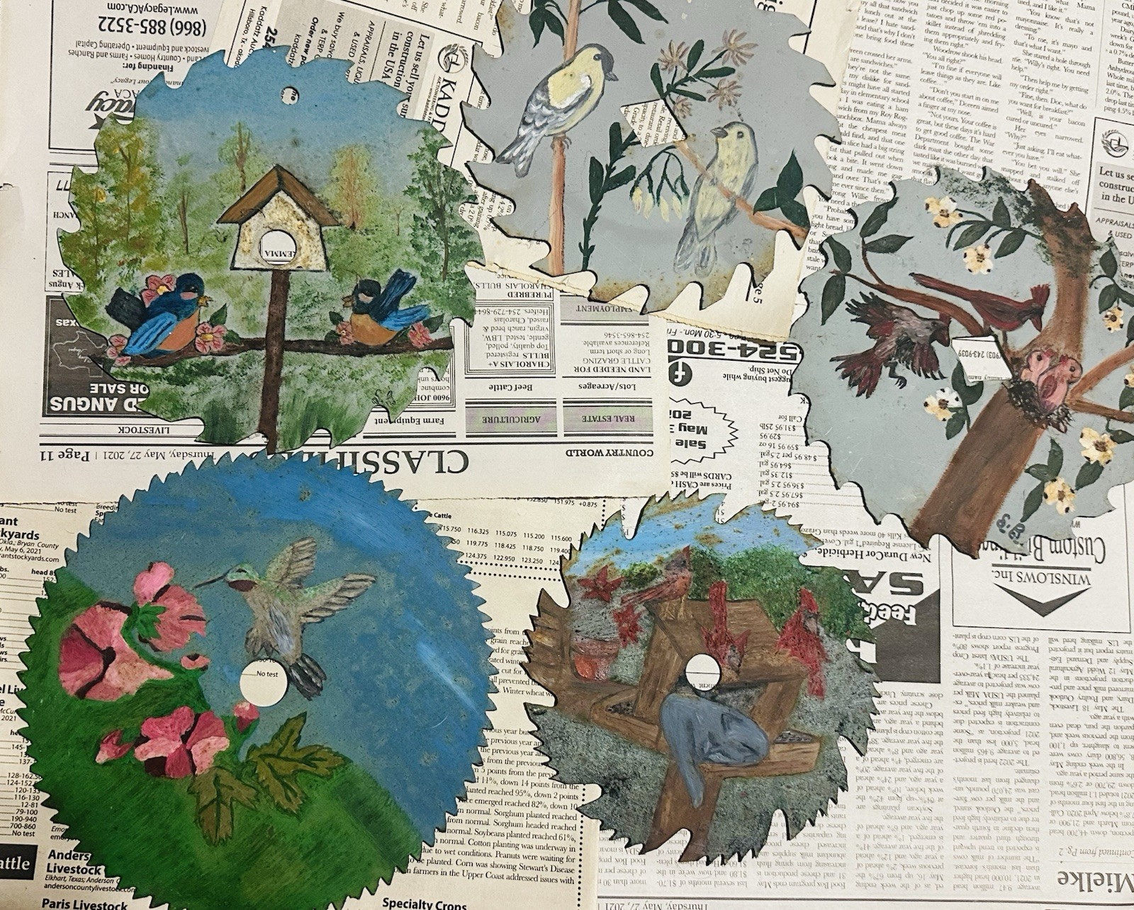 hand painted saw blades, Birds Theme. Bluebirds, Cardinals, Hummingbird, Sparrow