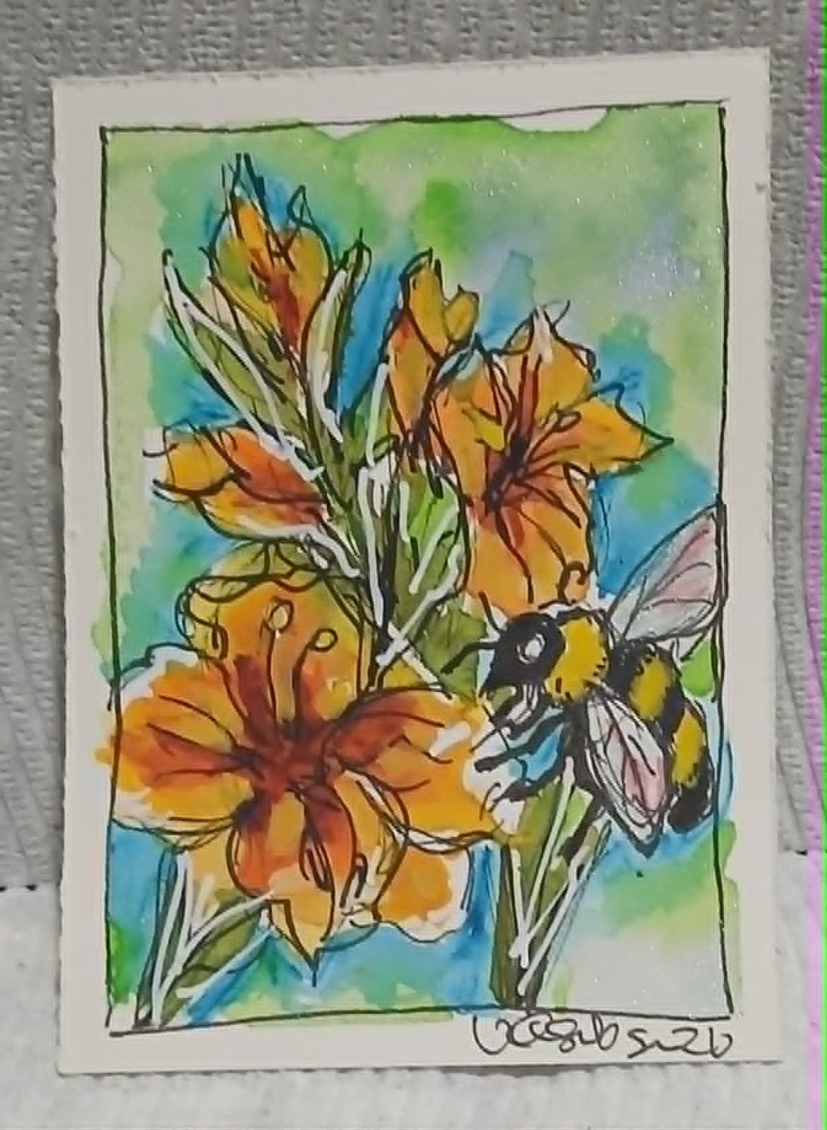 Bee on Gladiolus — OOAK Watercolor Scribble ACEO • Bees & Blooms Series