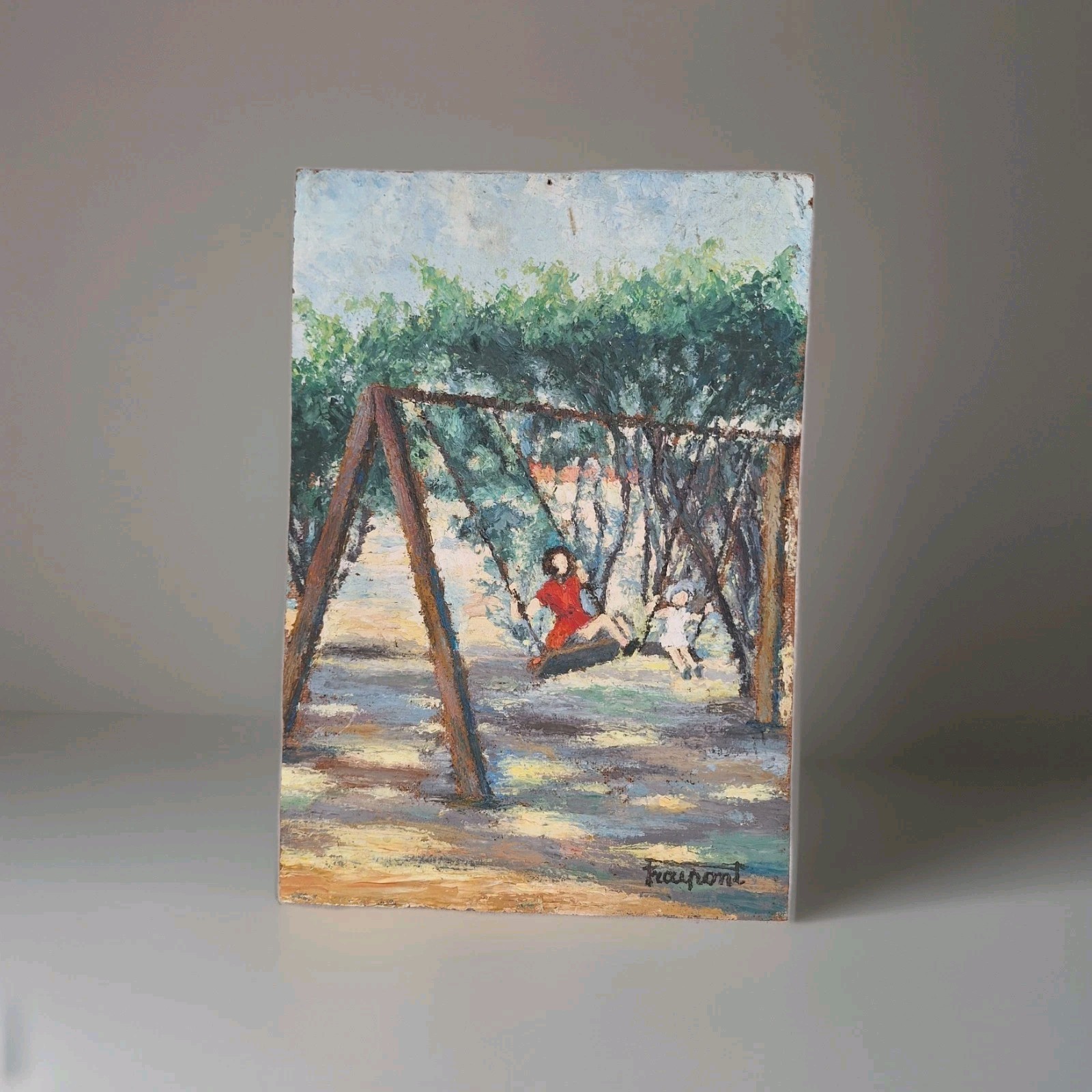 Antique Oil Painting Scene Of Children In A Garden Framed Artwork