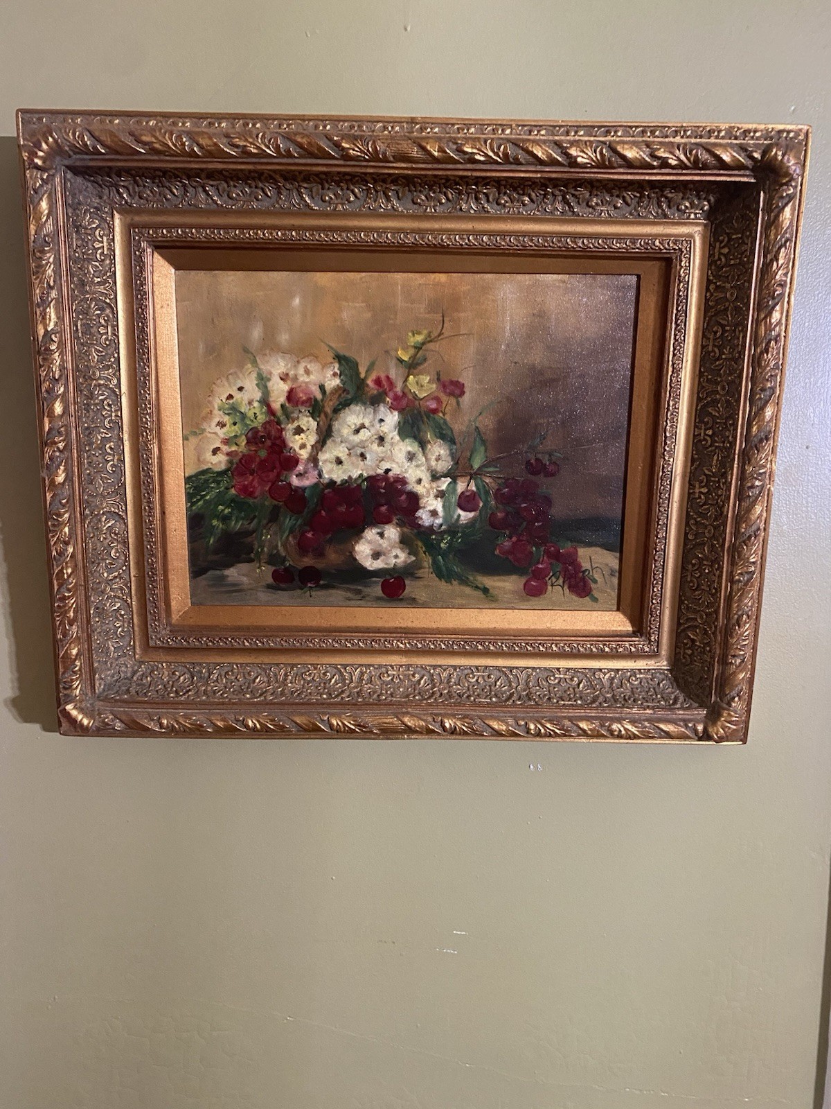 Ralph Signed Still Life Floral Canvas Painting, Framed in Ornate Gold-Tone