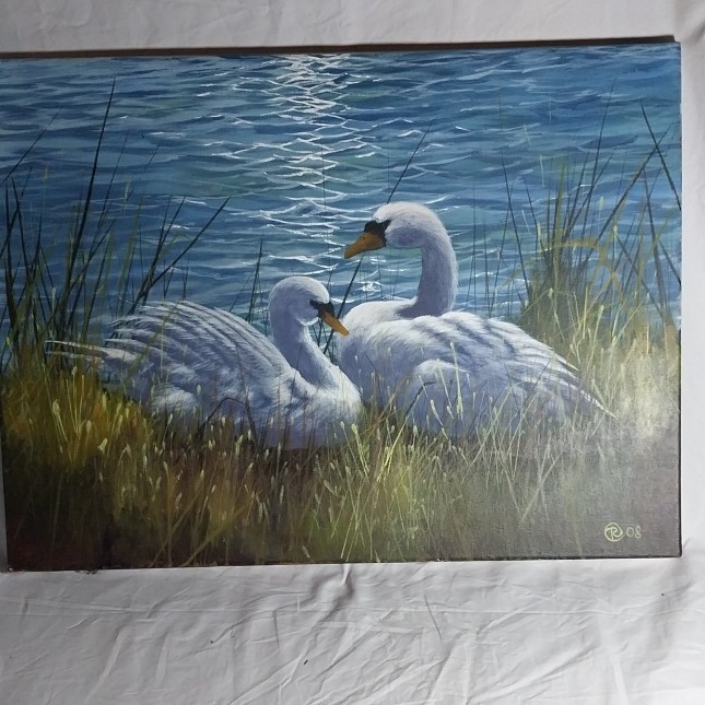 R Signed Acrylic Painting Swans by Water Realism Canvas Unframed 2008 18×24