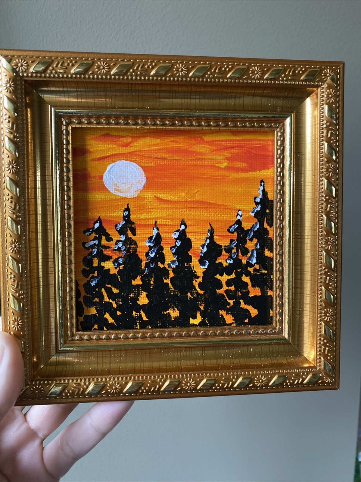 Sunset Sunrise Moon Forest,Original Acrylic Painting On Canvas Panel,4/4 Framed