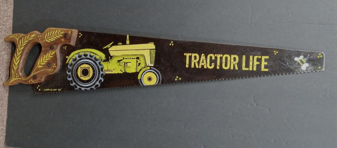 Hand saw painted with farm tractor John Deere, Art Hand Saw- Rustic Wall Decor.