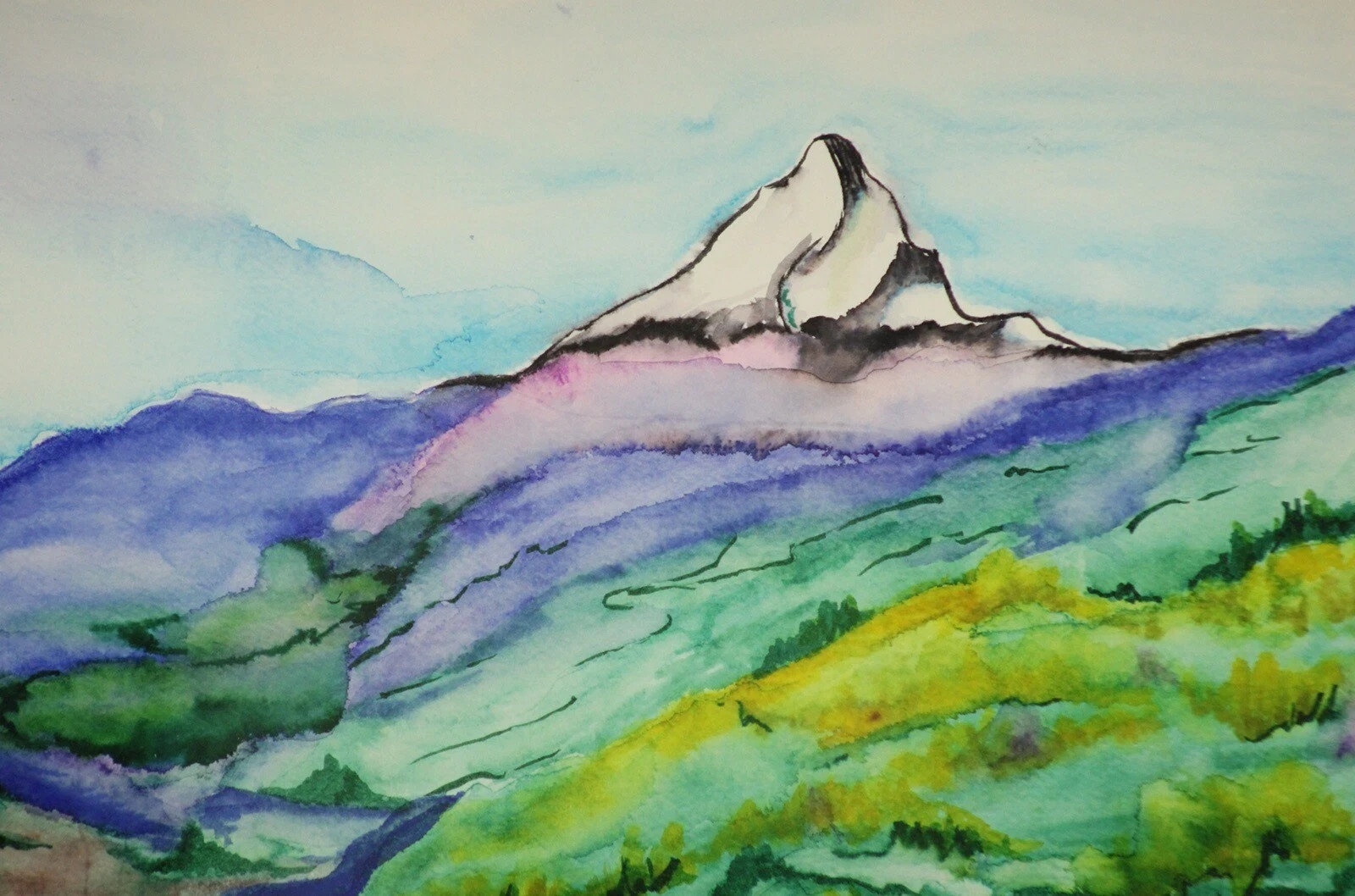 Original Watercolor Painting Mt Hood Landscape Matted & Frame Signed 12×16 in