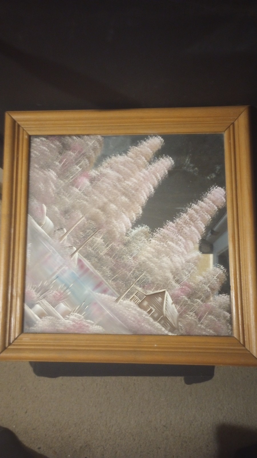 W Clemons, Hand Painted, Mirror Painting, Winter Scene with Cabin, 15 x 15 in.