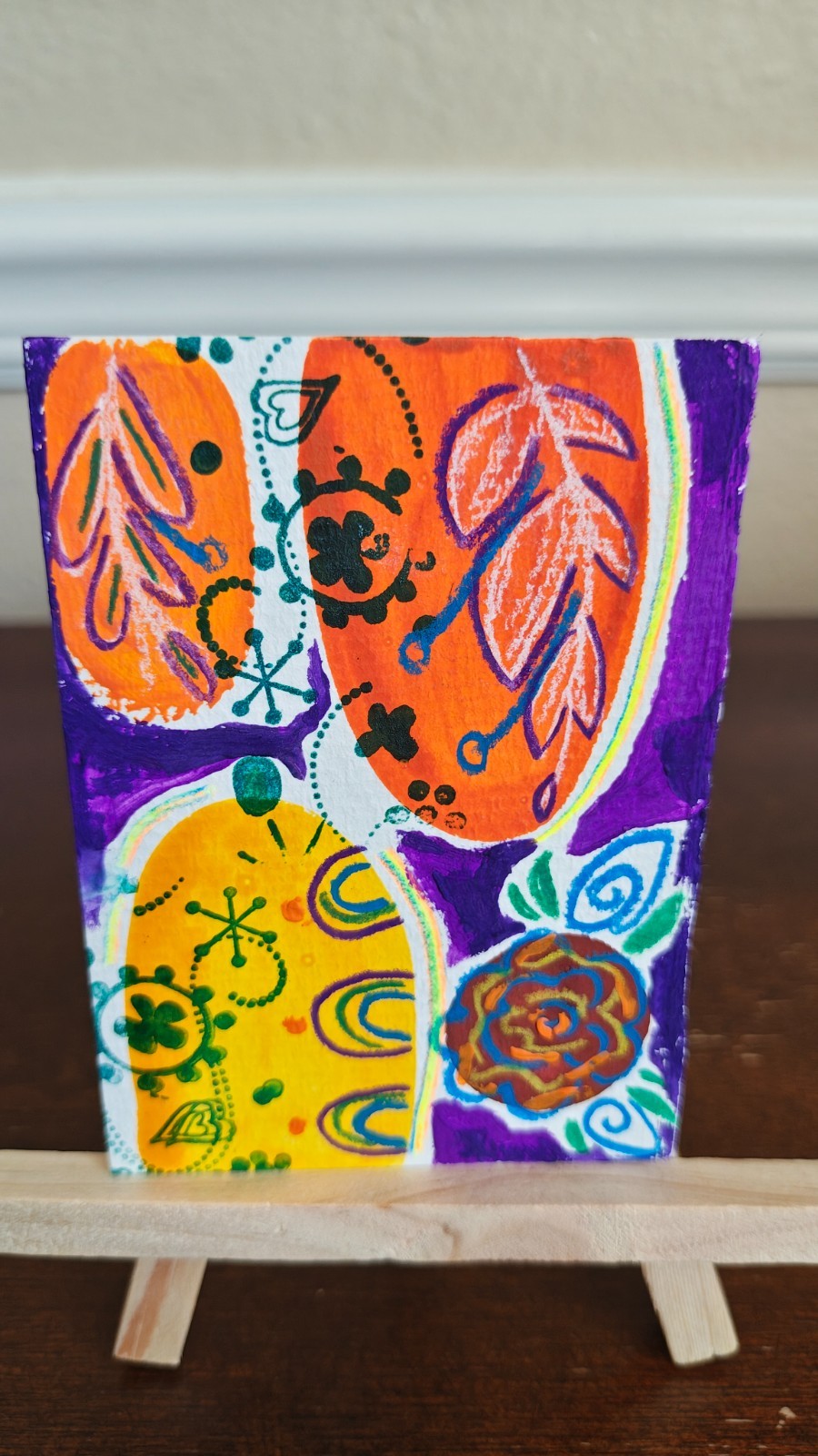 ACEO original art mini card gouache watercolor ink abstract floral collage 3