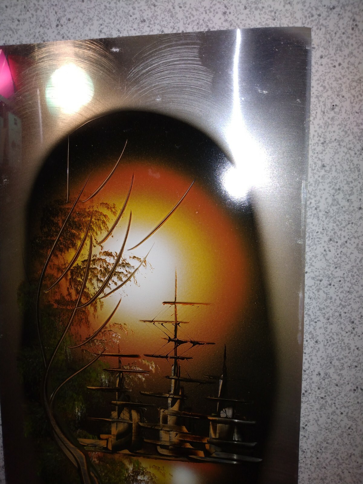 Vintage Oriental Sunset Spray Paint Art Thin Aluminum Metal 19 3/4″ x 9 3/4″