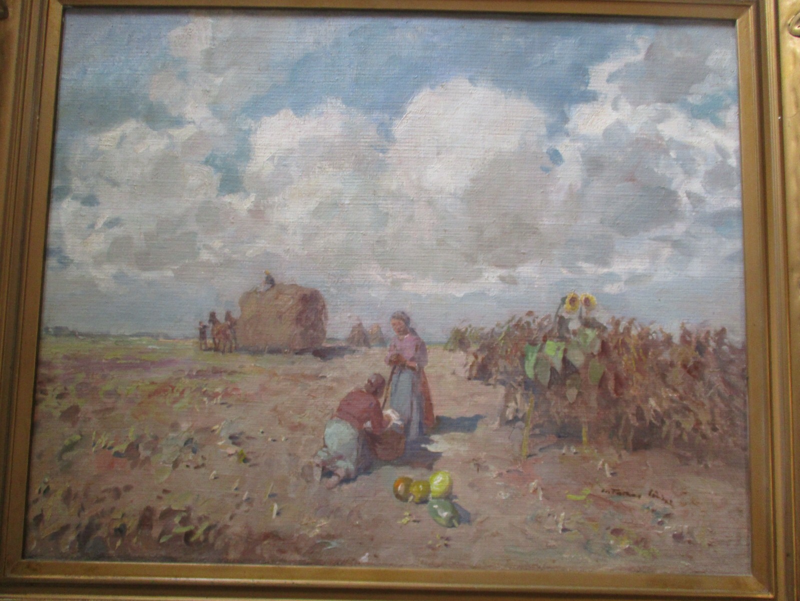 LARGE VINTAGE ANTIQUE IMPRESSIONIST PAINTING LANDSCAPE OLD FARM WORKERS WPA ERA
