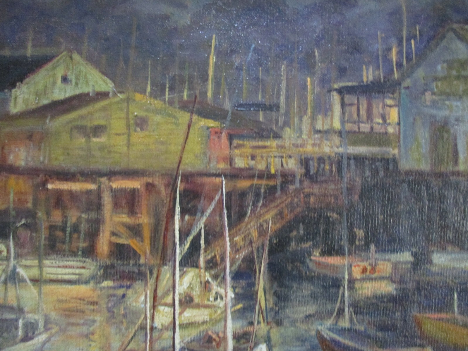 BEVERLY SIGNED PAINTING AMERICAN INDUSTRIAL COASTAL HARBOR MARINA FISHING PORT