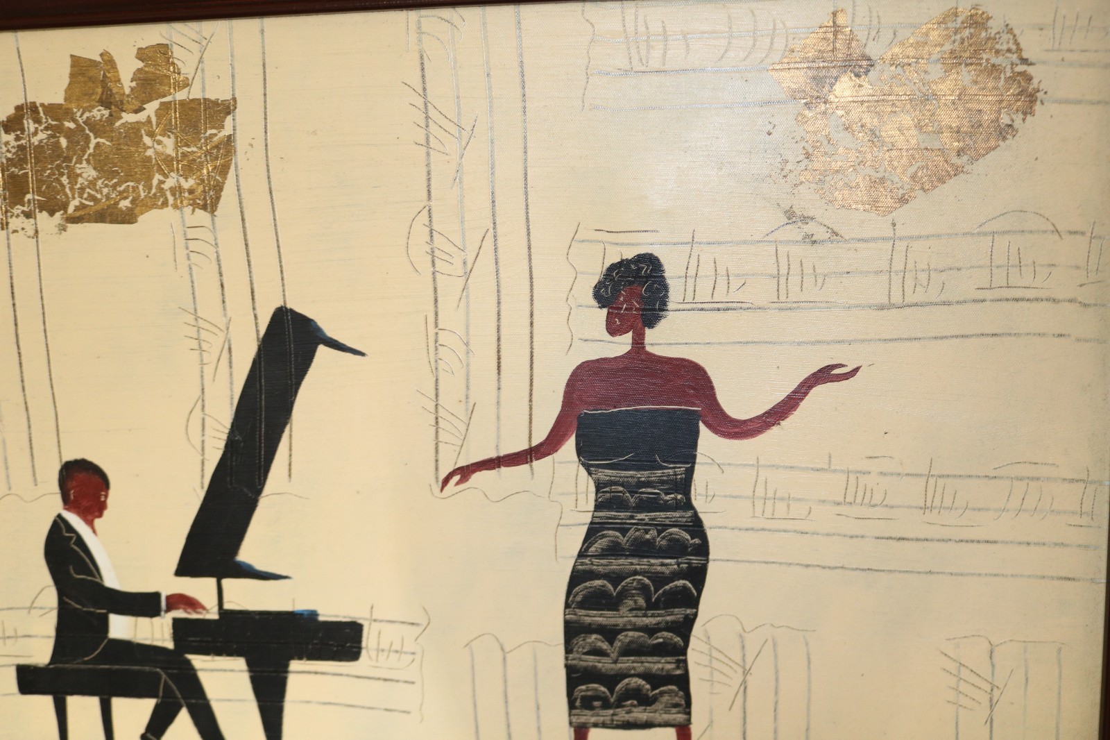 Original Signed M. Harold Jazz Themed Oil and Gold Leaf on Canvas Painting /Read