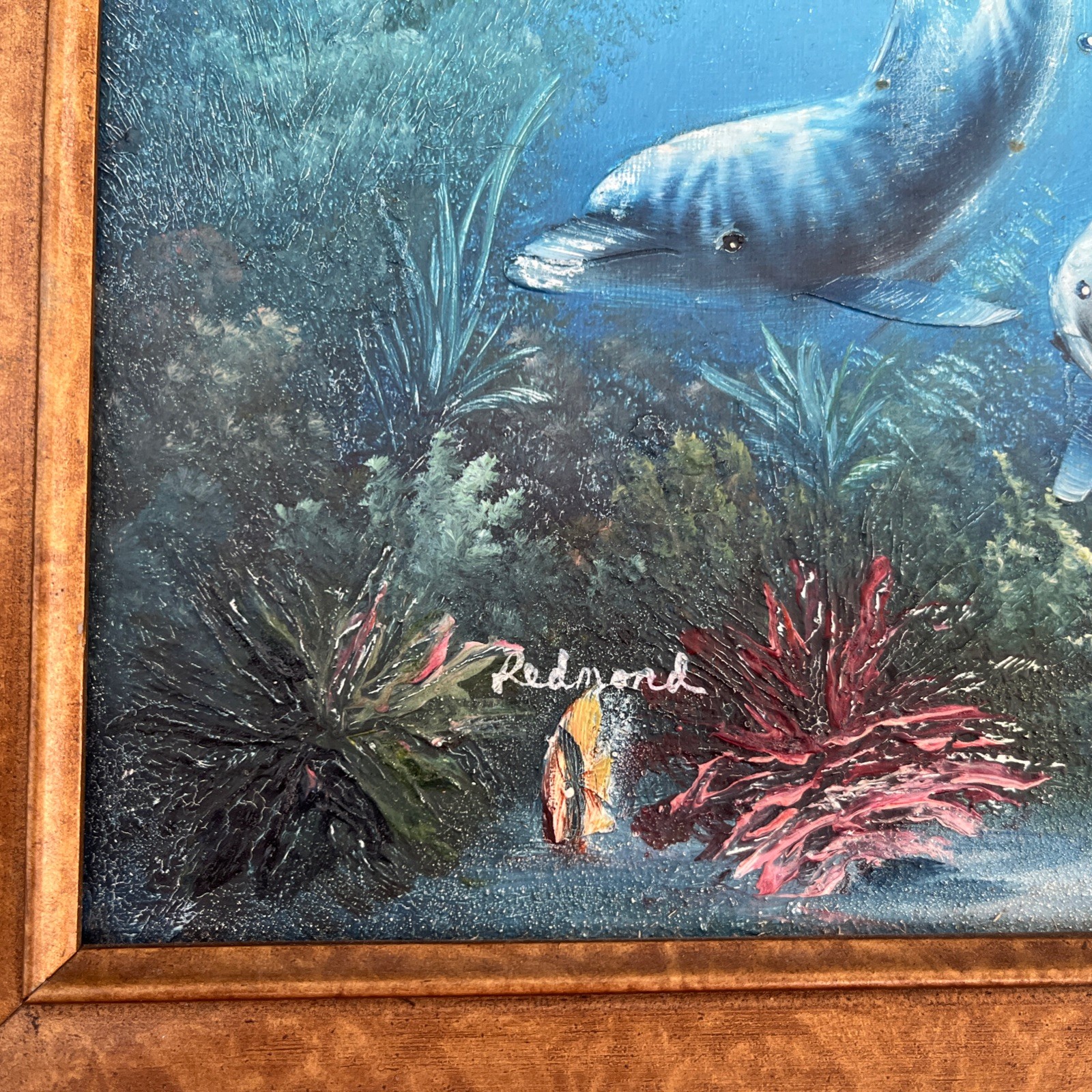 Original C. Redmond Benolt Painting Textured Dolphins Under Water Ocean Coastal
