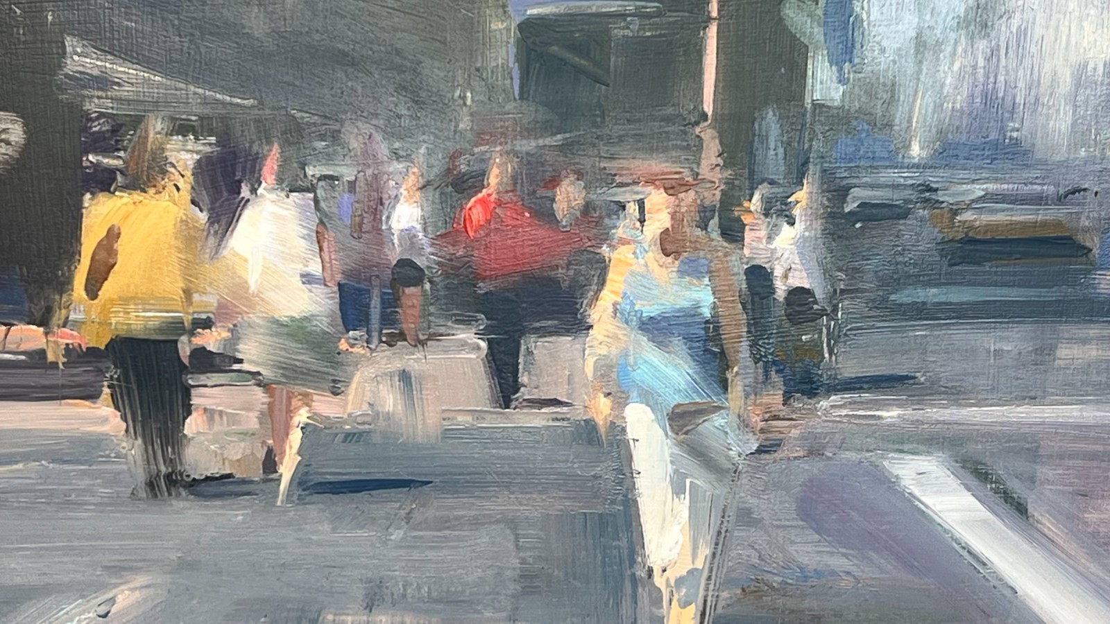 David Shevlino «Pedestrians Walking» 2010 Original Oil Panel Cityscape Signed