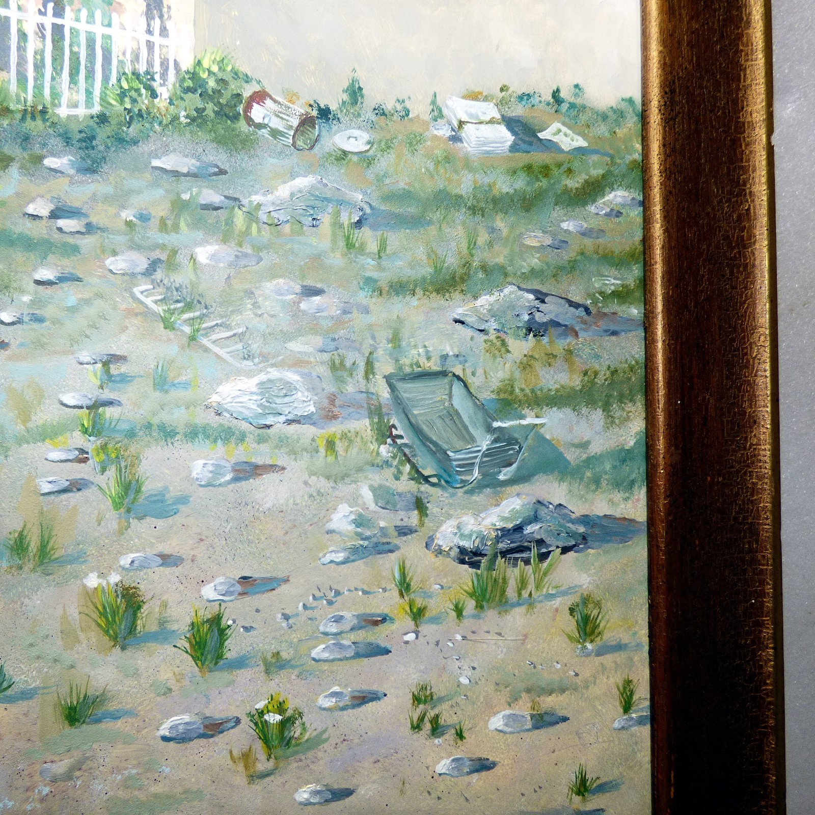 Large vintage depression era Bronx New York painting boys in slums Westchester