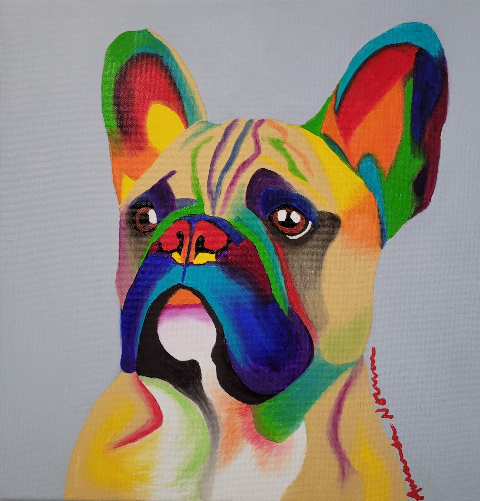contemporary abstract pop art oil painting colorful dog portrait original 14×14