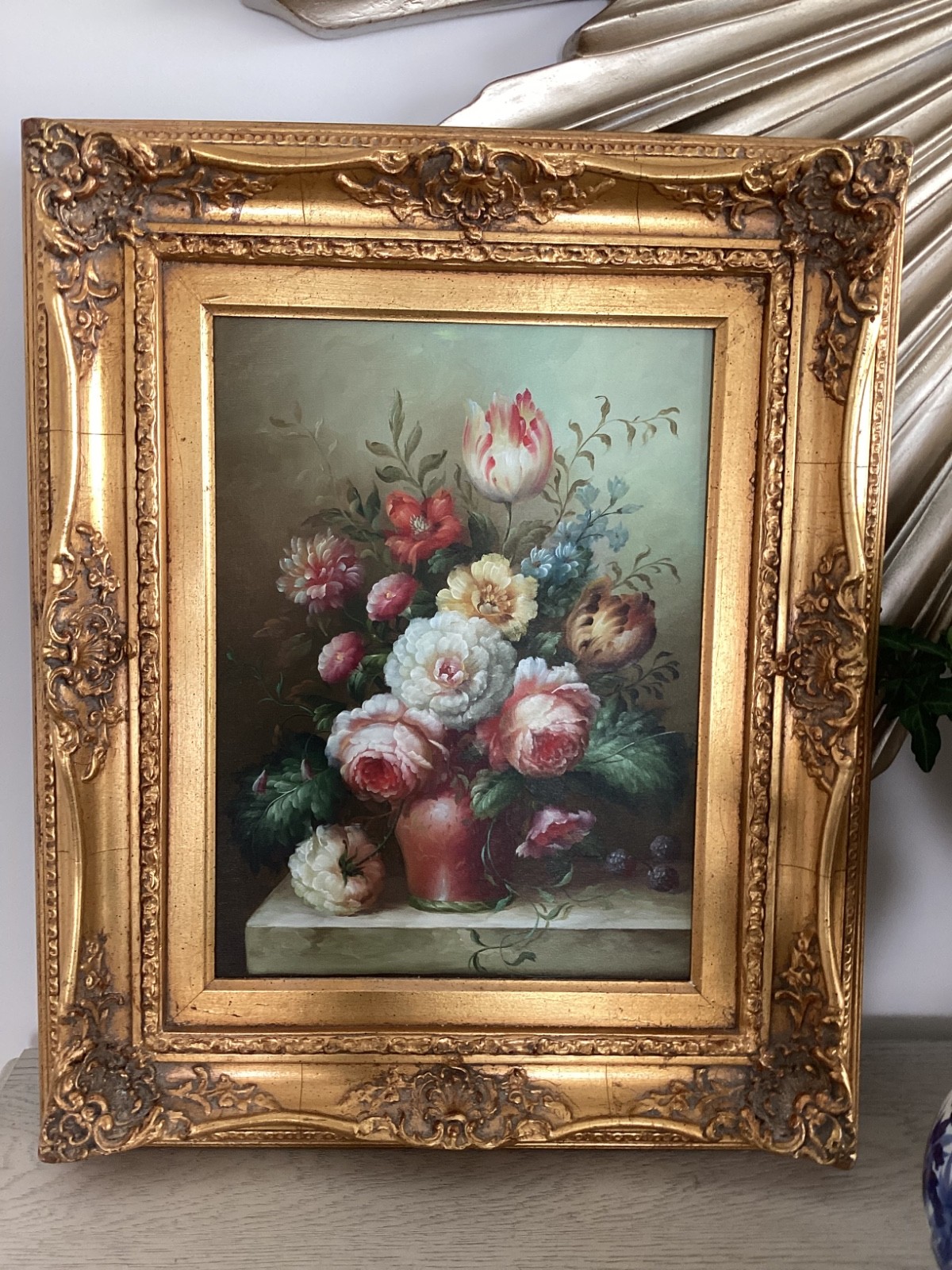 Vtg Original Still Life Oil Painting English Roses Wild Flowers, Tulips