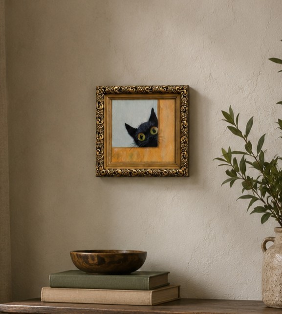 ORIGINAL Oil Painting Black Cat Handmade Miniature Contemporary Wall Art Animals