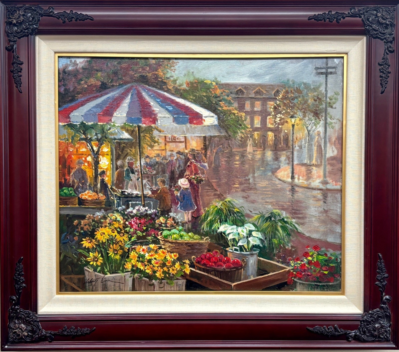 Robert Lui «The Flower Market» Signed Framed Original Oil Italy Art NEW