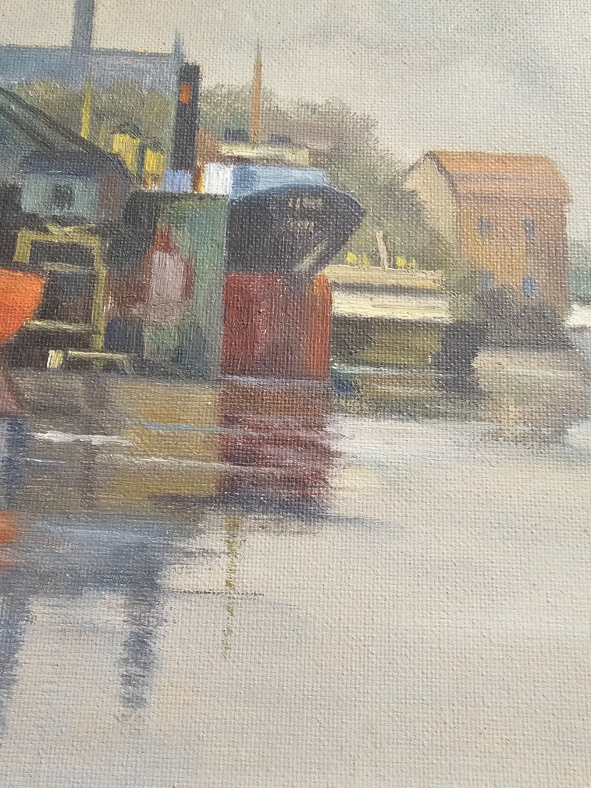 SCANDINAVIAN HARBOUR SCENE OIL PAINTING NORDIC ATMOSPHERIC COASTAL LANDSCAPE