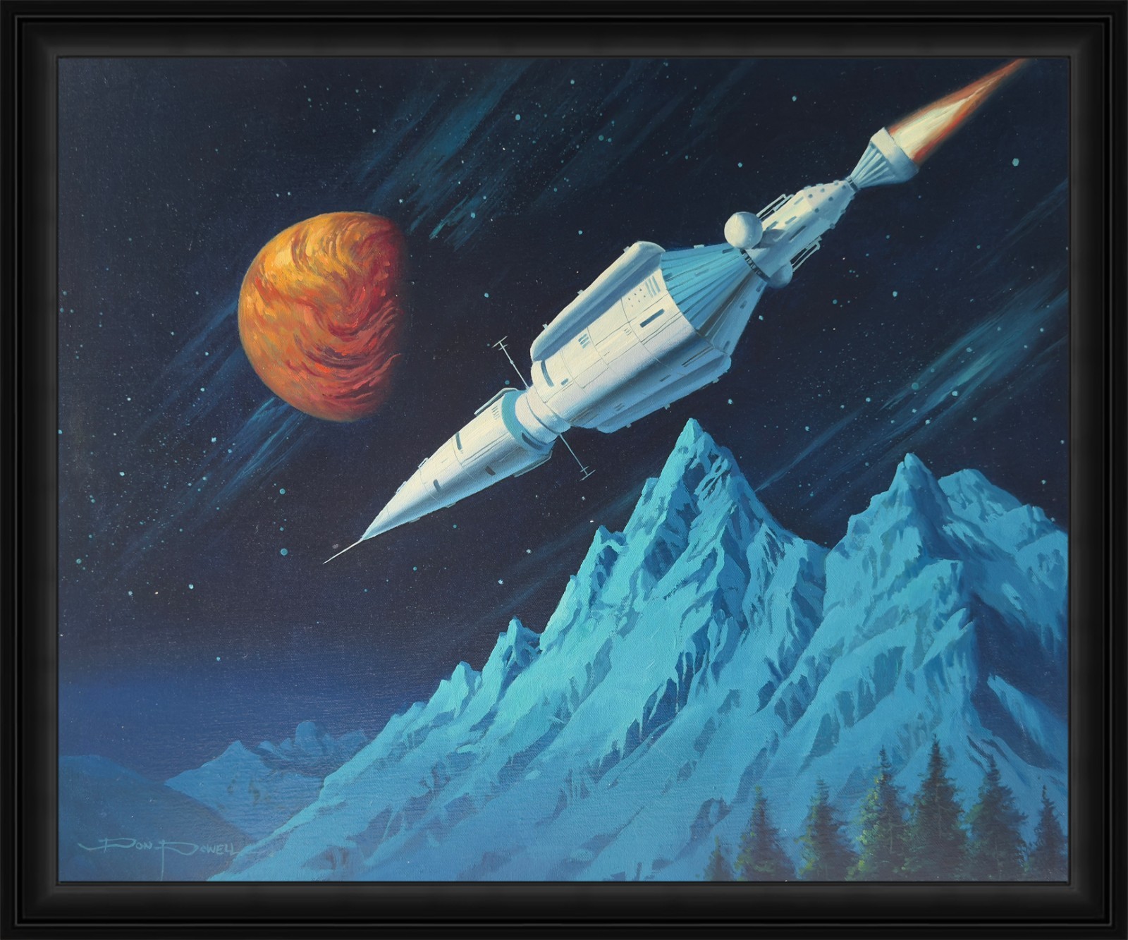 Spacecraft Over Mountain And Cosmic Sky – 20×24 inch oil painting on canvas