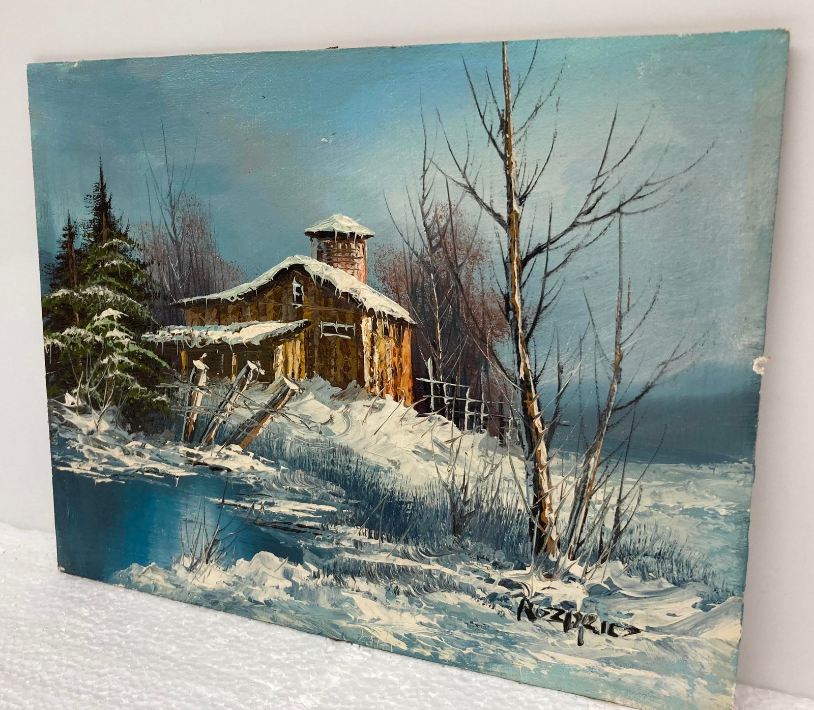 Vintage Winter Snow Scene Barn & Pond 10×8″ Painting on Wood Board by Rozario