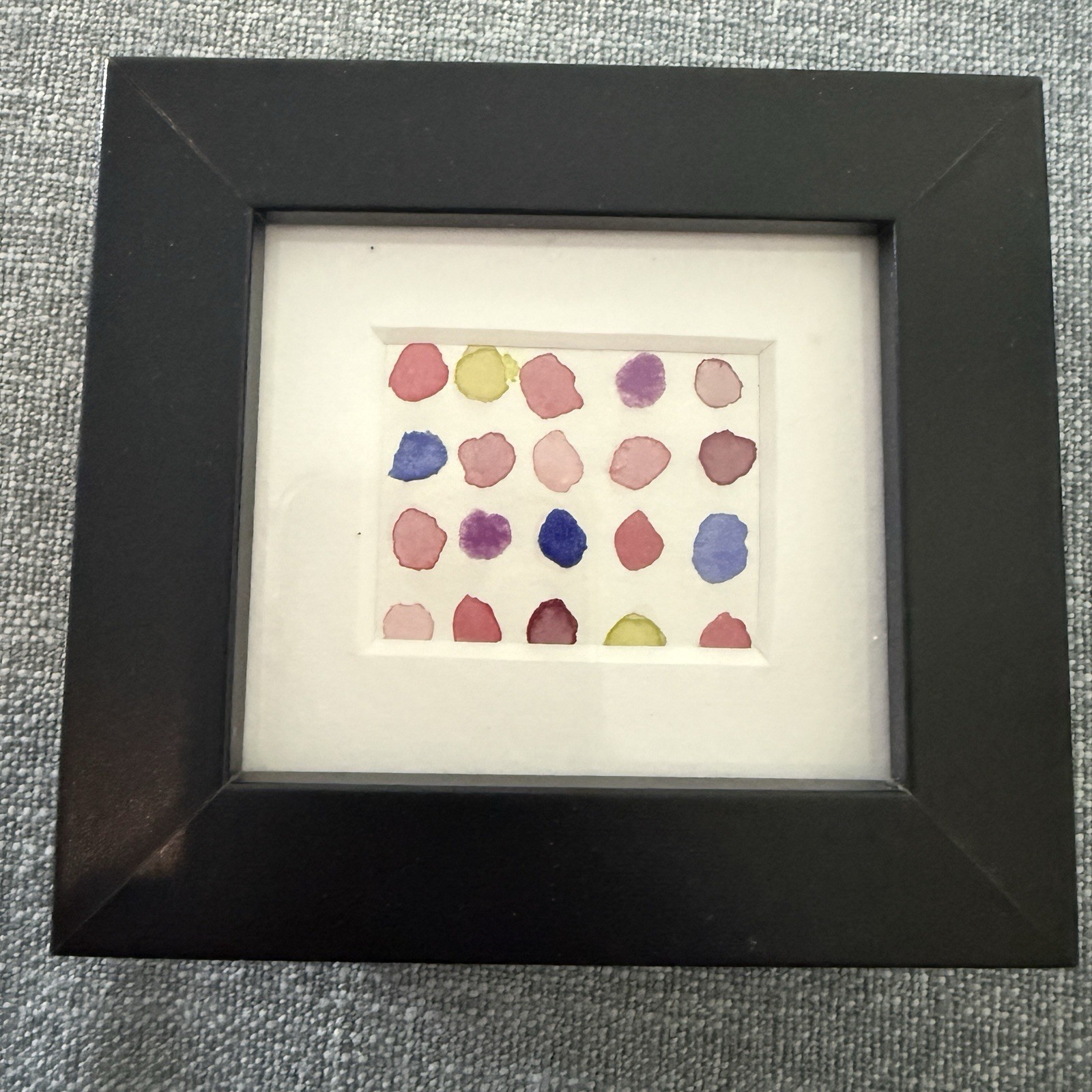 Original Miniature Watercolor Painting On Paper, Framed, Abstract Dots Pastel